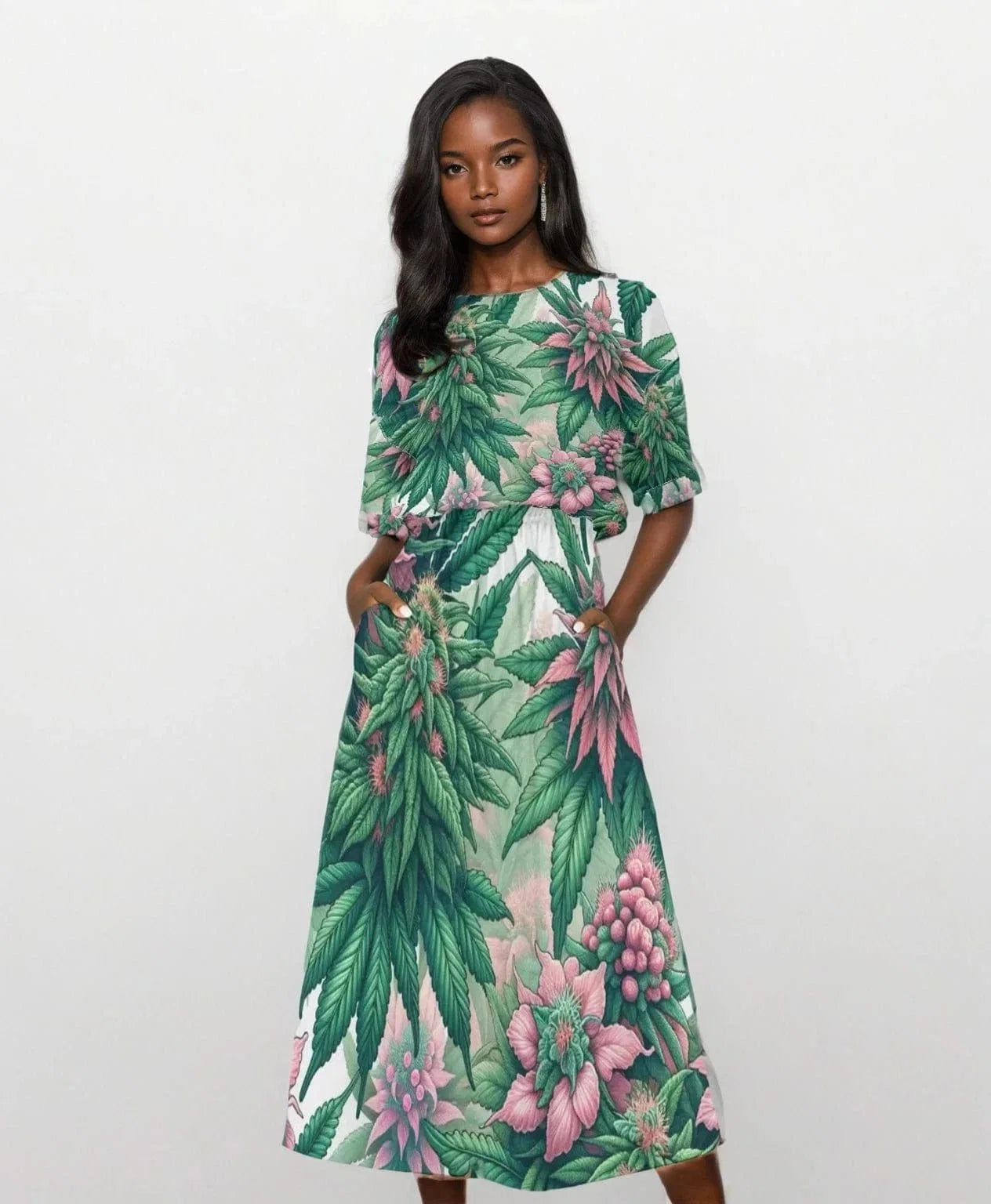 Pink Haze Floral A-Line Midi Dress with Pockets