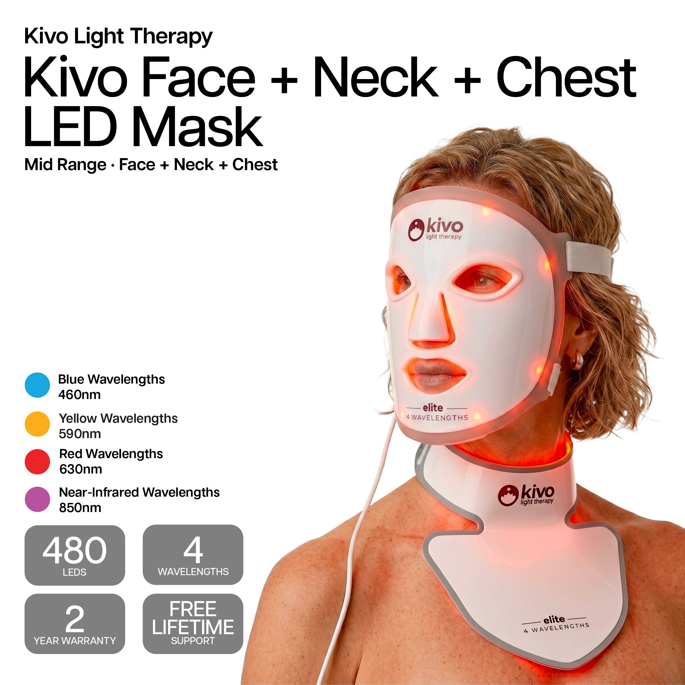 Kivo Elite Face + Neck + Chest: Blue, Yellow, Near-Infrared, and Red LED Light Therapy System