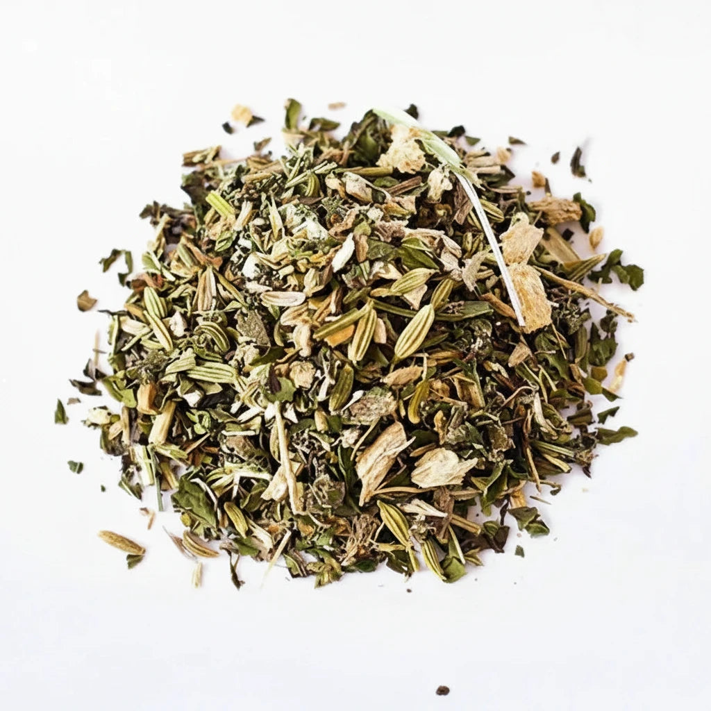 Heap of dried herbs on a white background