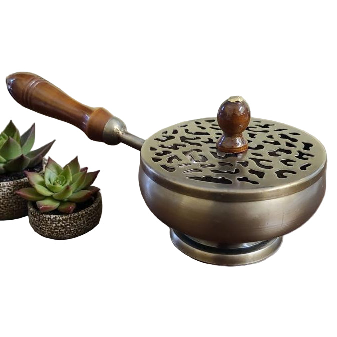 Bronze Charcoal Burner with Wooden Handle
